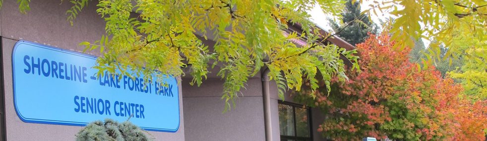 Outside the Shoreline-Lake Forest Park Senior Center, including the center sign